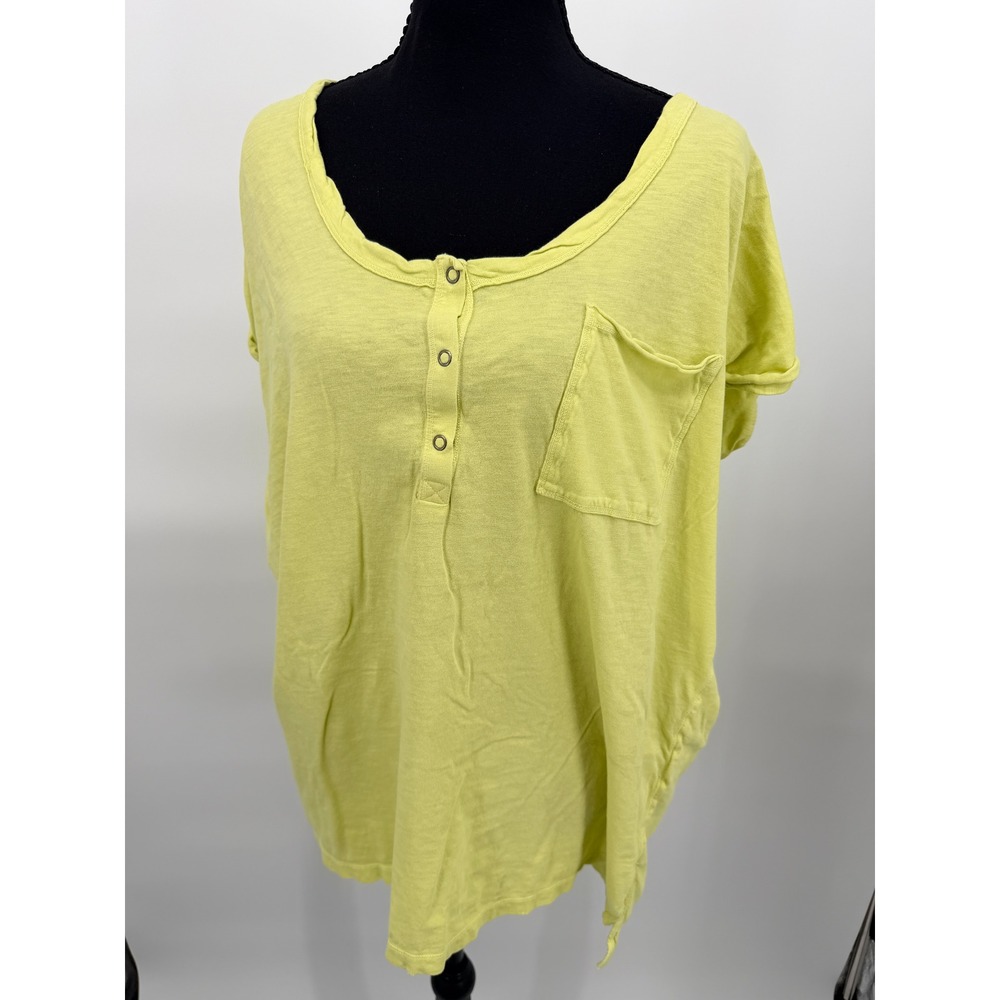 Aerie Henley T-Shirt Womens Large Lime Green Good Pocket Rolled Sleeve Cotton